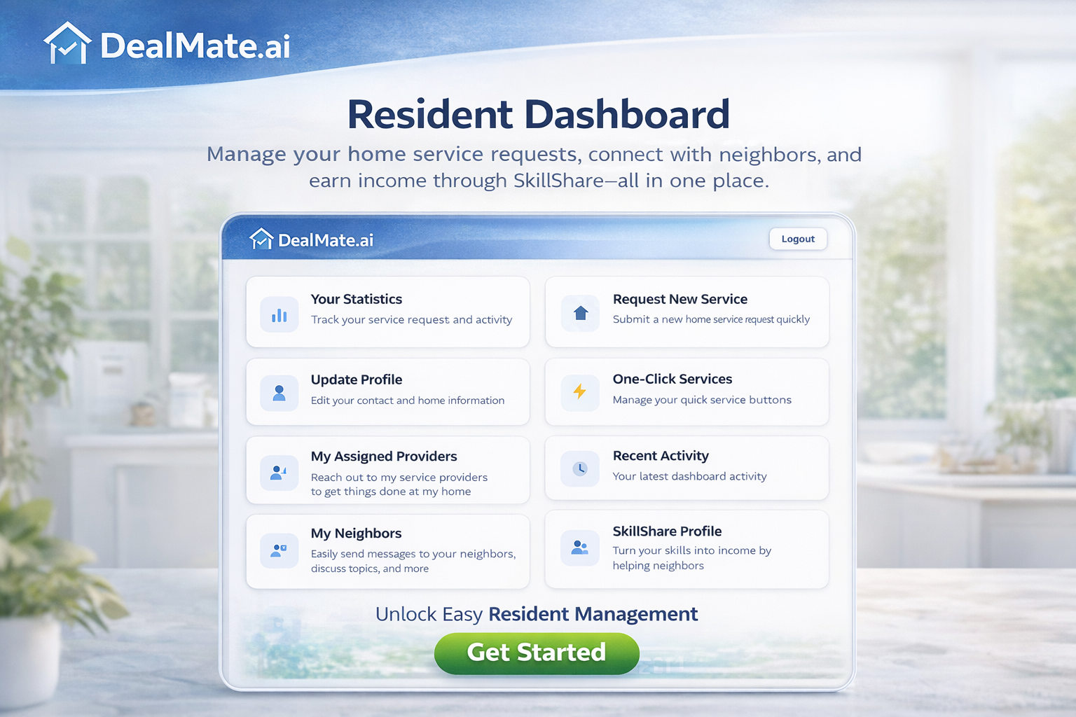 Resident Dashboard - Manage your home service requests, connect with neighbors, and earn income through SkillShare
